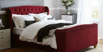 cabezal de cama rojo capitoné, cabecera de color rojo con rombos, respaldo de cama rojo